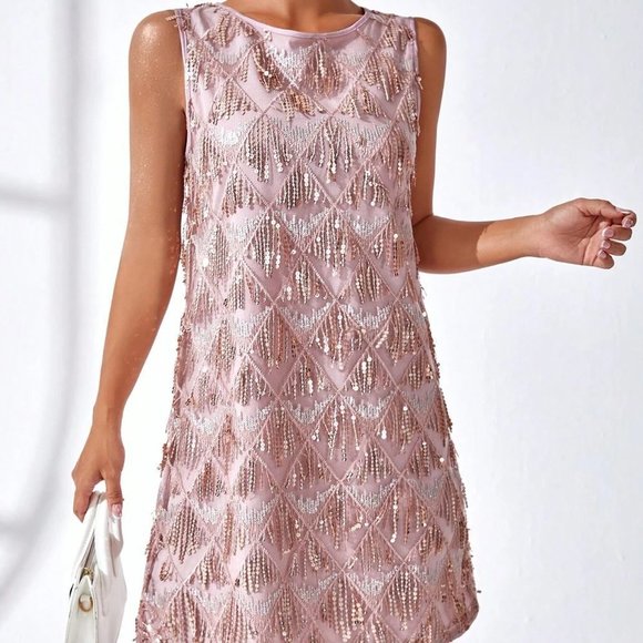 Sequin fringe details sleeveless Tank Holiday Party Dress Pink - Picture 2 of 5